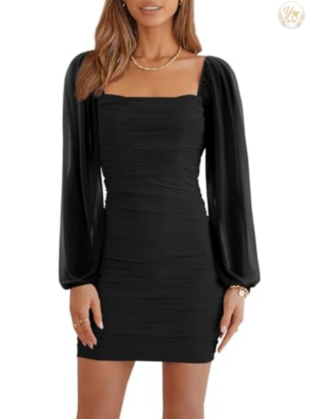 Mesh Long Sleeve Square Neck Ruched Bodycon Mini Dress